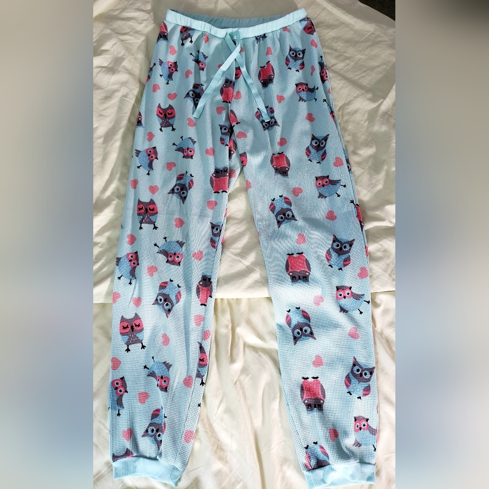 5 Style Light Blue Owl Pattern Waffled Drawstring Pajama Pants